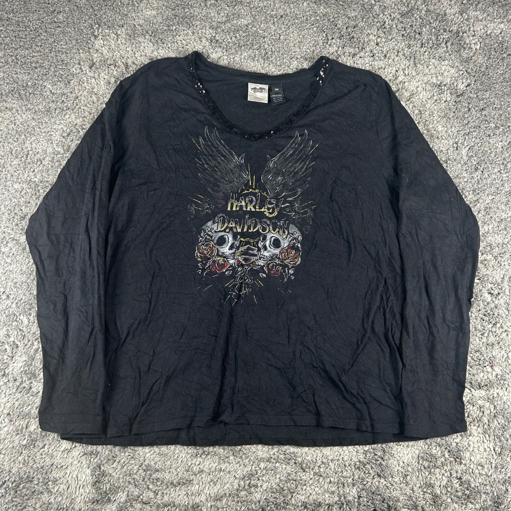 Harley Davidson Shirt Womens 2W Black Sequin V-Neck Skull Wings Moto Long Sleeve